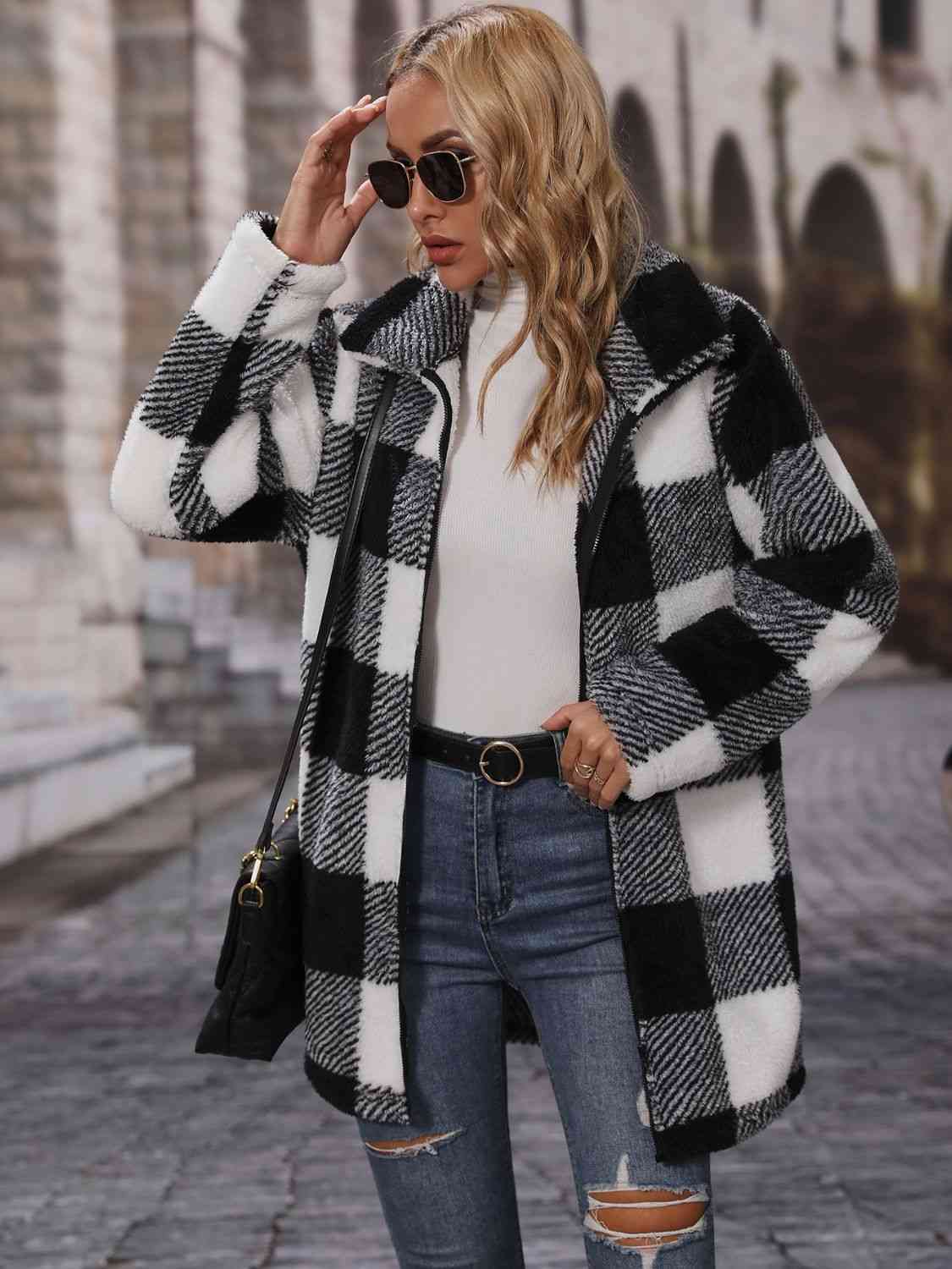 Black and White Plaid Collared Neck Coat with Pockets in Size S, M, L, or XL