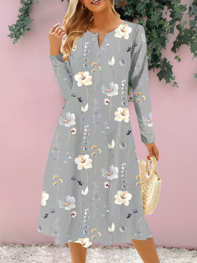 Floral Notched Long Sleeve Midi Dress in 4 Color Choices in Size S, M, L, or XL Charcoal