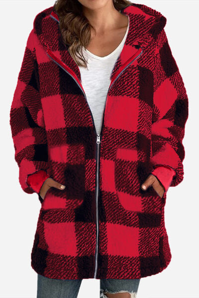 Double Take Full Size Plaid Long Sleeve Hooded Coat in 4 Color Choices in Size S, M, L, XL, 2X, or 3X