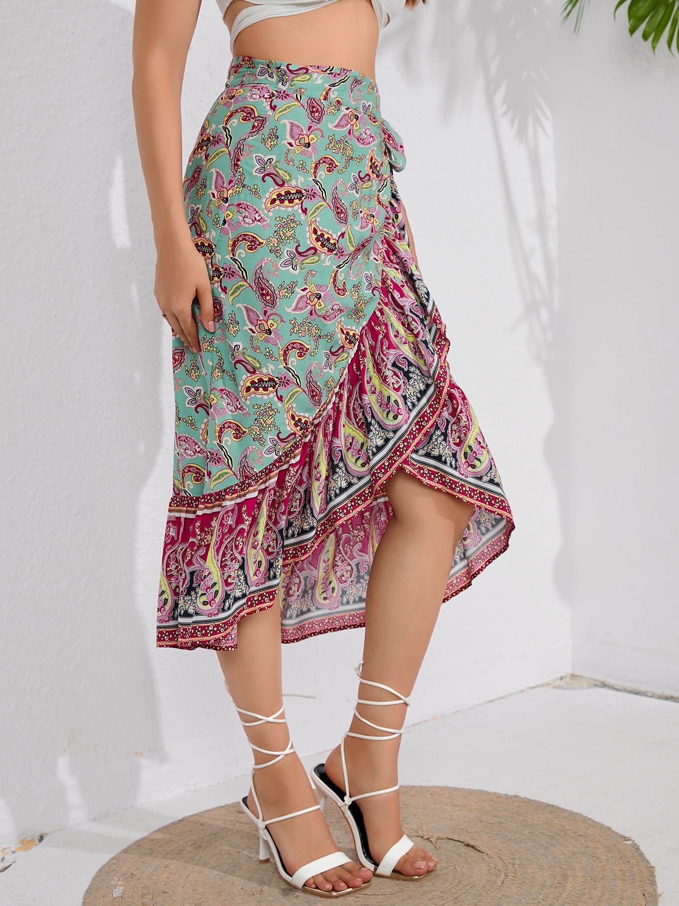 Tie Waistband Flounce Hem Midi Skirt in Size S, M, L, XL, or 2XL