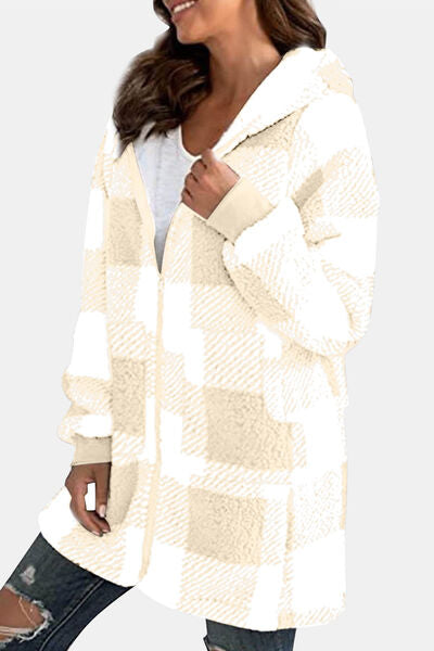 Double Take Full Size Plaid Long Sleeve Hooded Coat in 4 Color Choices in Size S, M, L, XL, 2X, or 3X