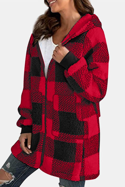 Double Take Full Size Plaid Long Sleeve Hooded Coat in 4 Color Choices in Size S, M, L, XL, 2X, or 3X