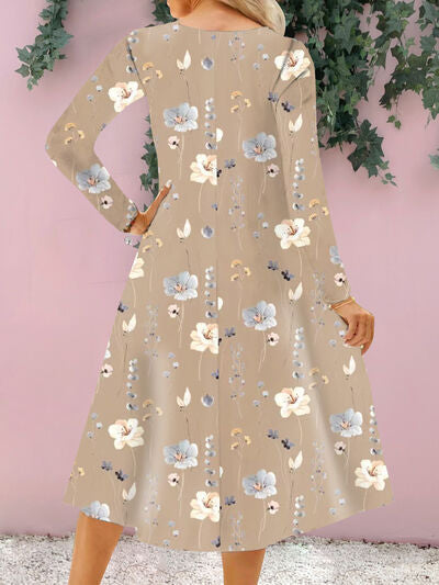 Floral Notched Long Sleeve Midi Dress in 4 Color Choices in Size S, M, L, or XL