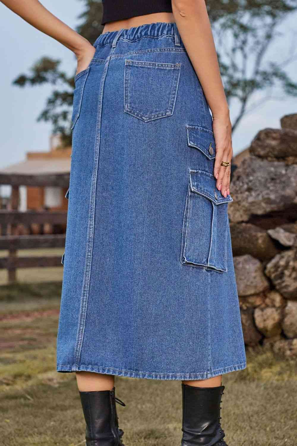 Slit Front Midi Denim Skirt with Pockets in 4 Color Choices in Size S, M, L, XL, or 2X