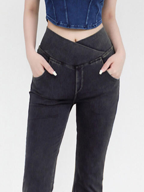 Wide Waistband Bootcut Stretch Jeans with Pockets in 4 Color Choices in Size S, M, L, XL, or 2X