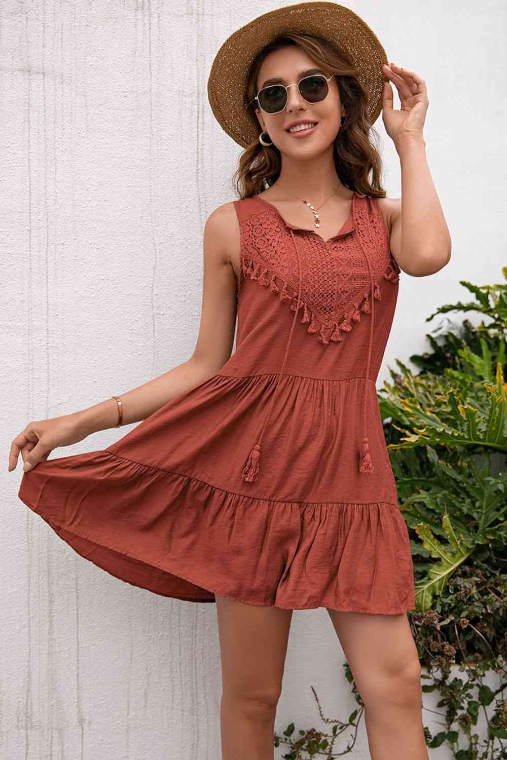 Tassel Tie Lace Trim Sleeveless Dress in 7 Color Choices in Size S, M, L, or XL