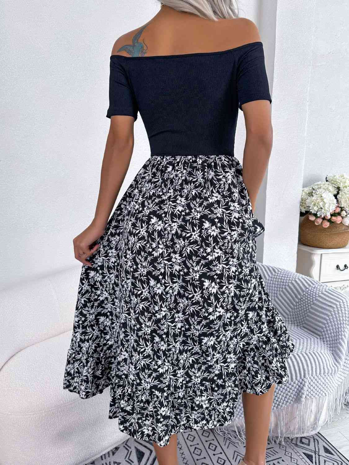 Printed Off-Shoulder Ruffle Hem Dress in Size S, M, L, or XL