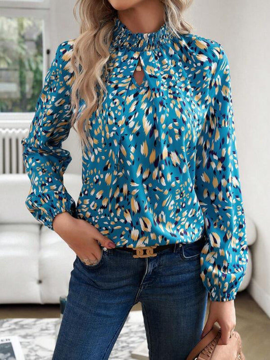 Cutout Printed Mock Neck Balloon Sleeve Blouse Sky Blue