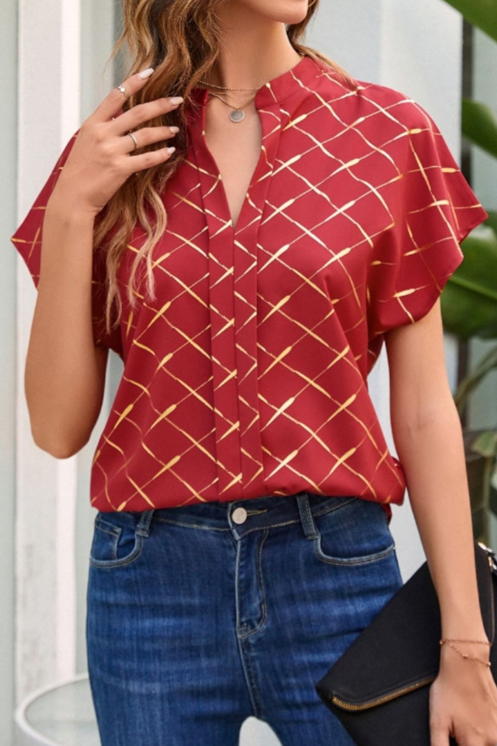 Printed Notched Short Sleeve Blouse in Size S, M, or L