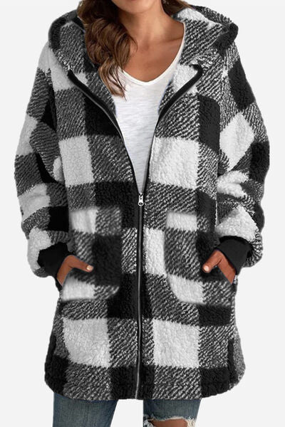 Double Take Full Size Plaid Long Sleeve Hooded Coat in 4 Color Choices in Size S, M, L, XL, 2X, or 3X