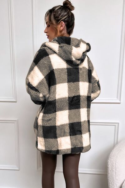 Double Take Full Size Plaid Long Sleeve Hooded Coat in 4 Color Choices in Size S, M, L, XL, 2X, or 3X