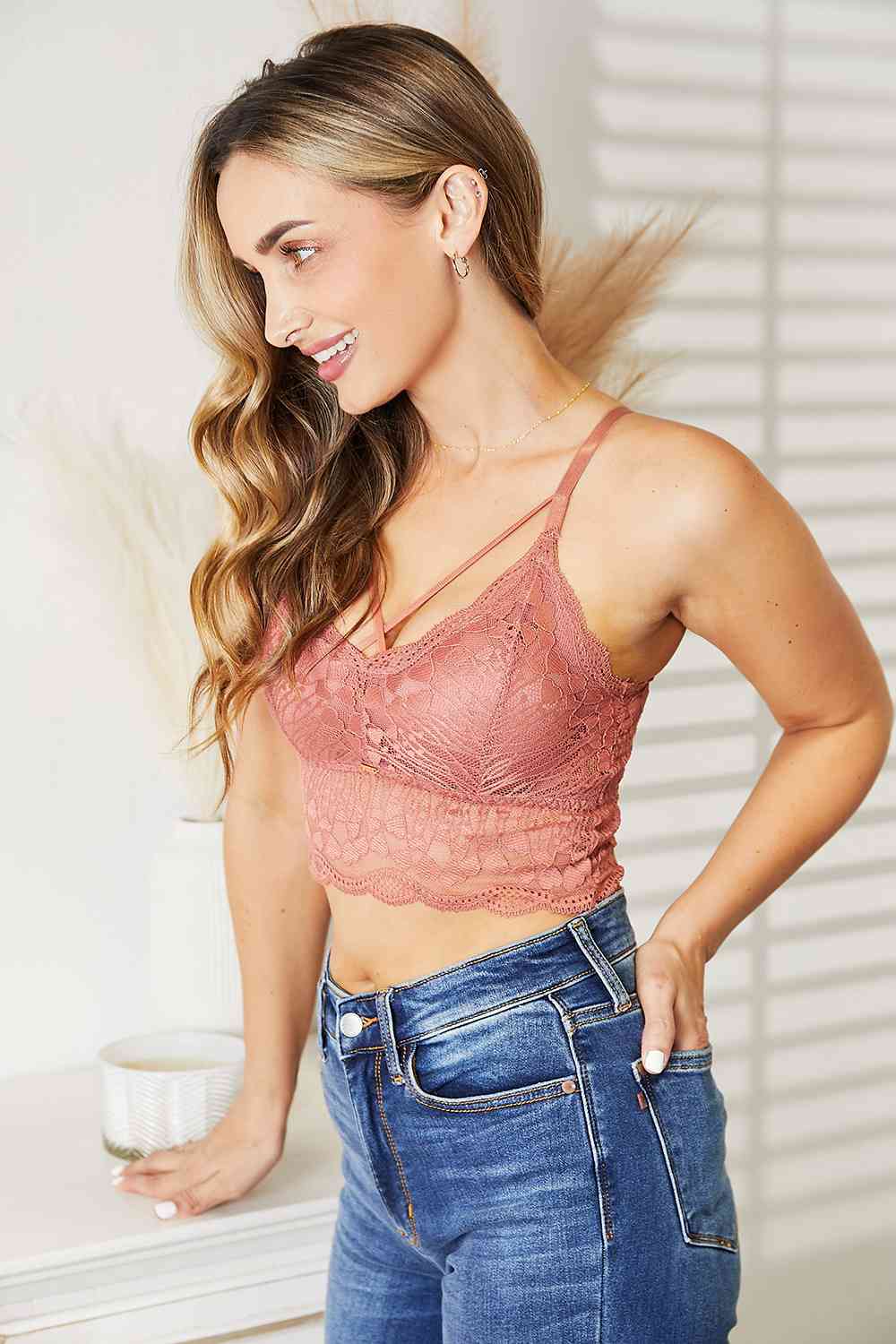 JadyK Luna Criss Cross Front Lace Light Mauve Bralette in Size S/M or L/XL