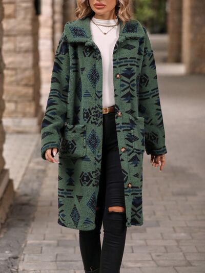 Geometric Dropped Shoulder Coat with Pockets Sage