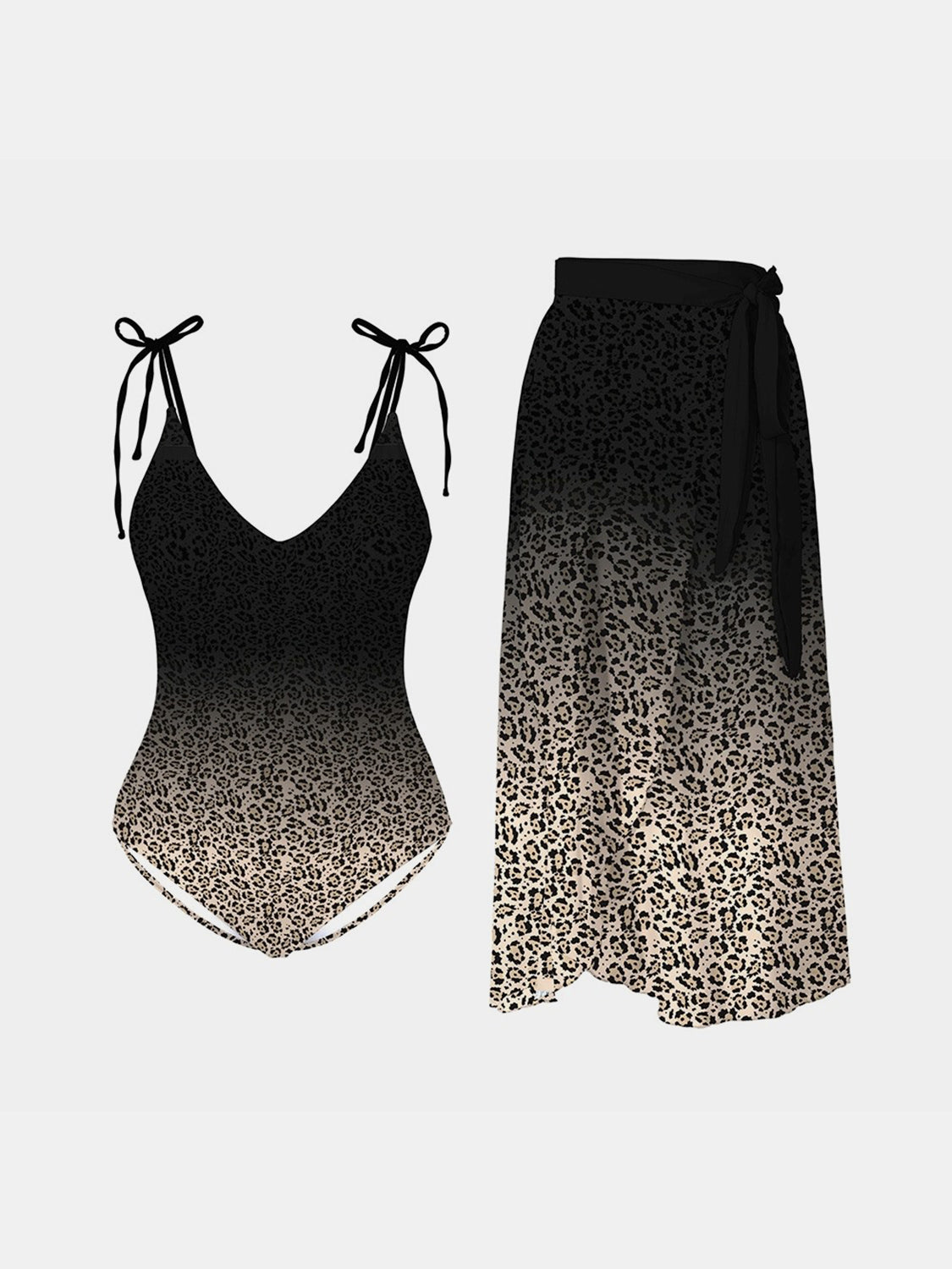 Leopard Tie Shoulder Swimwear and Skirt Swim Set in Size S, M, L, XL, 1XL, or 2XL Black