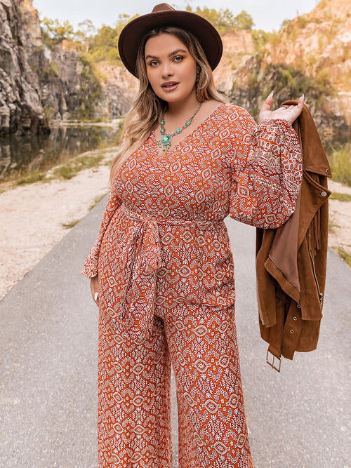 Plus Size Printed V Neck Tie Front Balloon Sleeve Jumpsuit