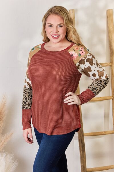 Hailey & Co Full Size Leopard Waffle-Knit Blouse in Size S, M, L, XL, 2XL, or 3XL