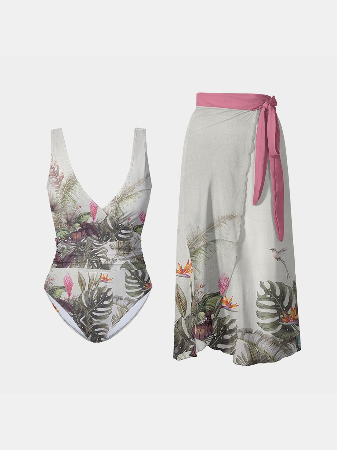 Printed Surplice Wide Strap Swimwear and Skirt Swim Set in Size S, M, L, XL, 1XL, or 2XL White