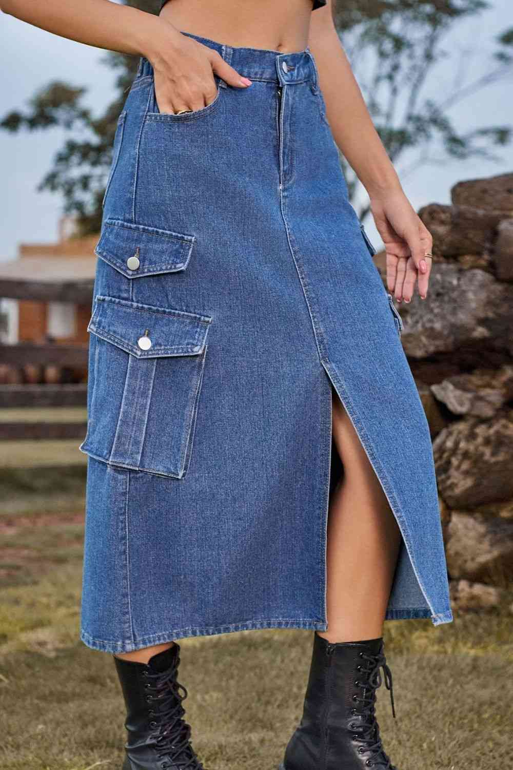 Slit Front Midi Denim Skirt with Pockets in 4 Color Choices in Size S, M, L, XL, or 2X