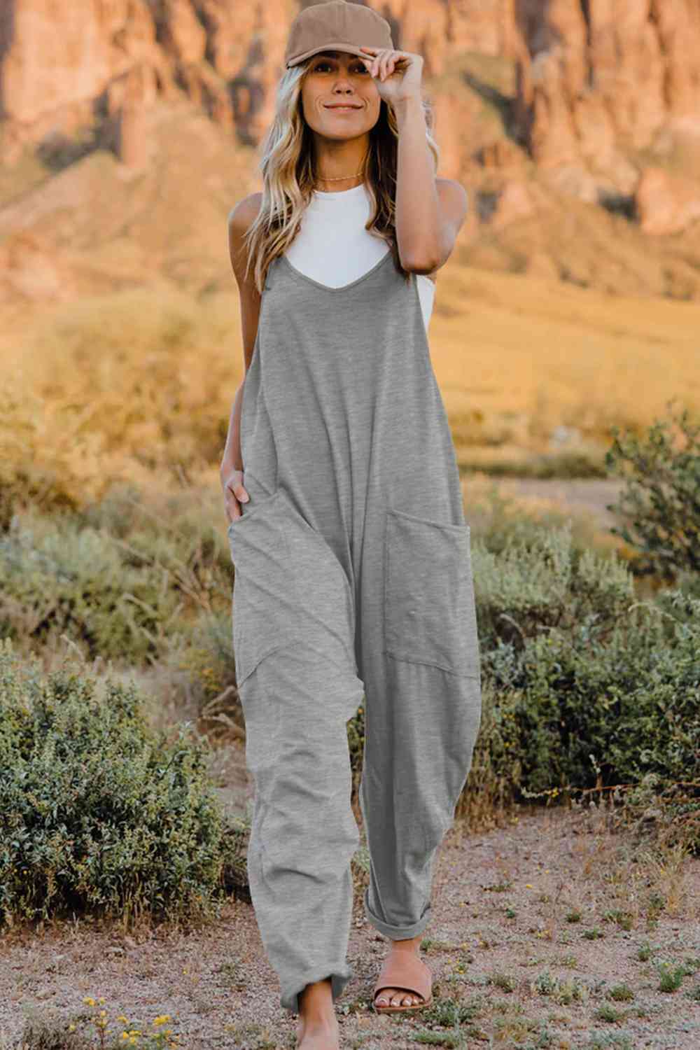 Double Take V-Neck Sleeveless Jumpsuit with Pocket Light Gray