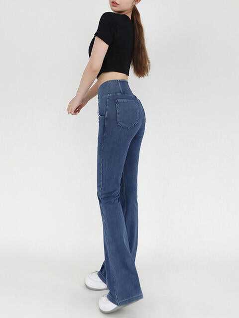 Wide Waistband Bootcut Stretch Jeans with Pockets in 4 Color Choices in Size S, M, L, XL, or 2X Medium Blue