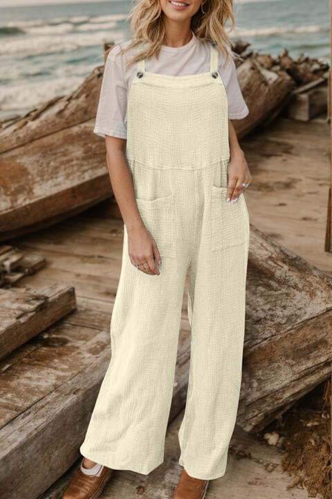 Full Size Wide Leg Front Pocket Jumpsuit Cream