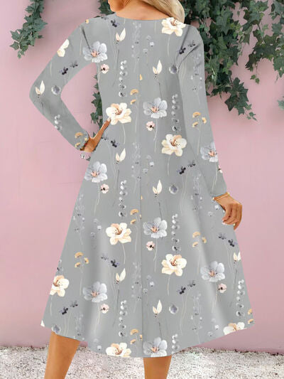 Floral Notched Long Sleeve Midi Dress in 4 Color Choices in Size S, M, L, or XL