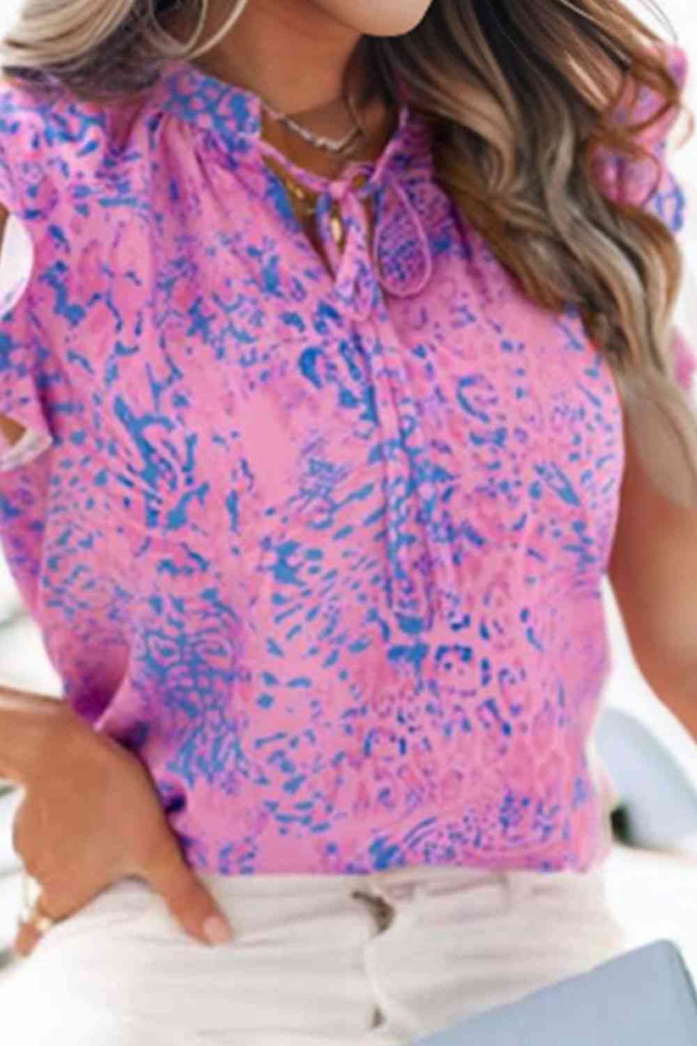 Printed Tie Neck Flutter Sleeve Blouse in Size S, M, L, or XL