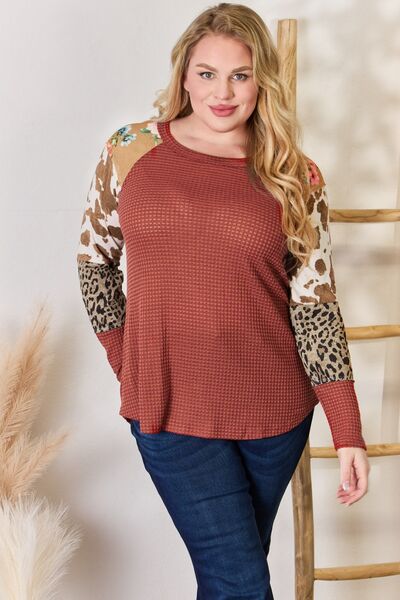 Hailey & Co Full Size Leopard Waffle-Knit Blouse in Size S, M, L, XL, 2XL, or 3XL