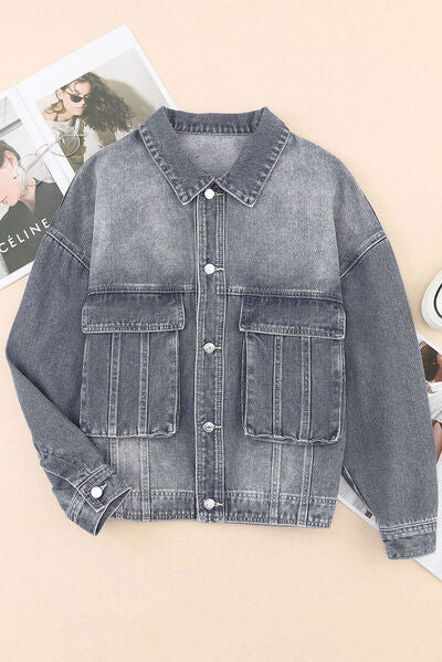 Button Up Dropped Shoulder Denim Jacket with Pockets Charcoal