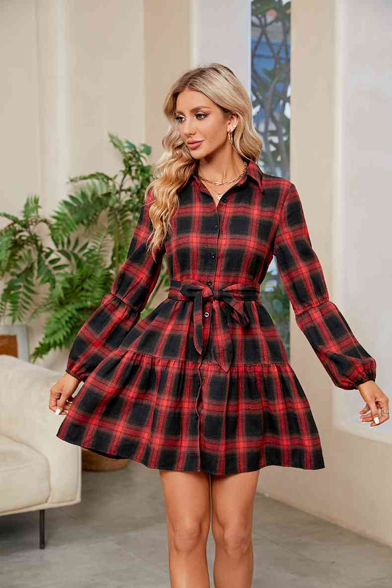 Plaid Print Tie Waist Collared Neck Shirt Dress Plaid