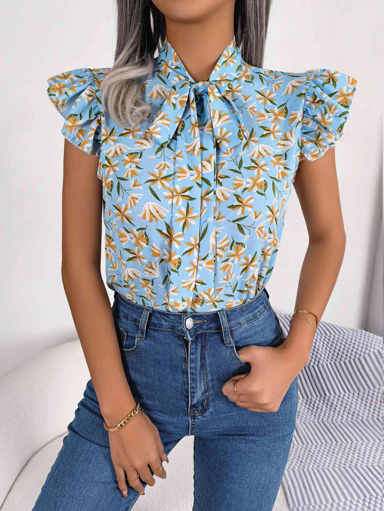 Floral Tie Neck Flutter Sleeve Blouse in 3 Color Choices in Size S, M, L, or XL