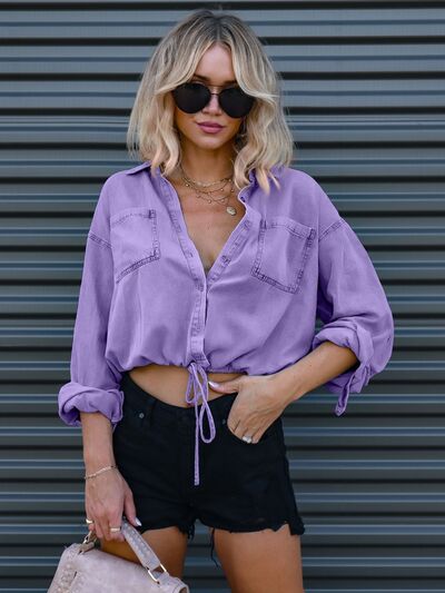 Drawstring Pocketed Button Up Denim Top in Moss or Lavender in Size S, M, L, or XL