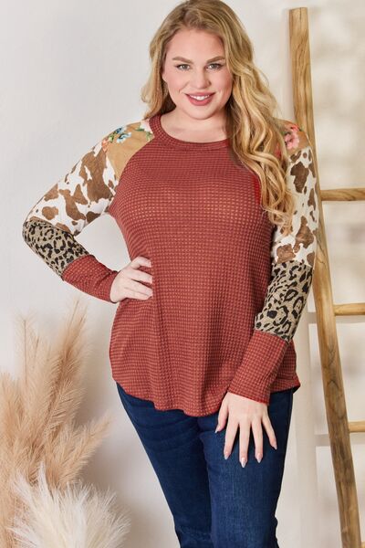 Hailey & Co Full Size Leopard Waffle-Knit Blouse in Size S, M, L, XL, 2XL, or 3XL RUST