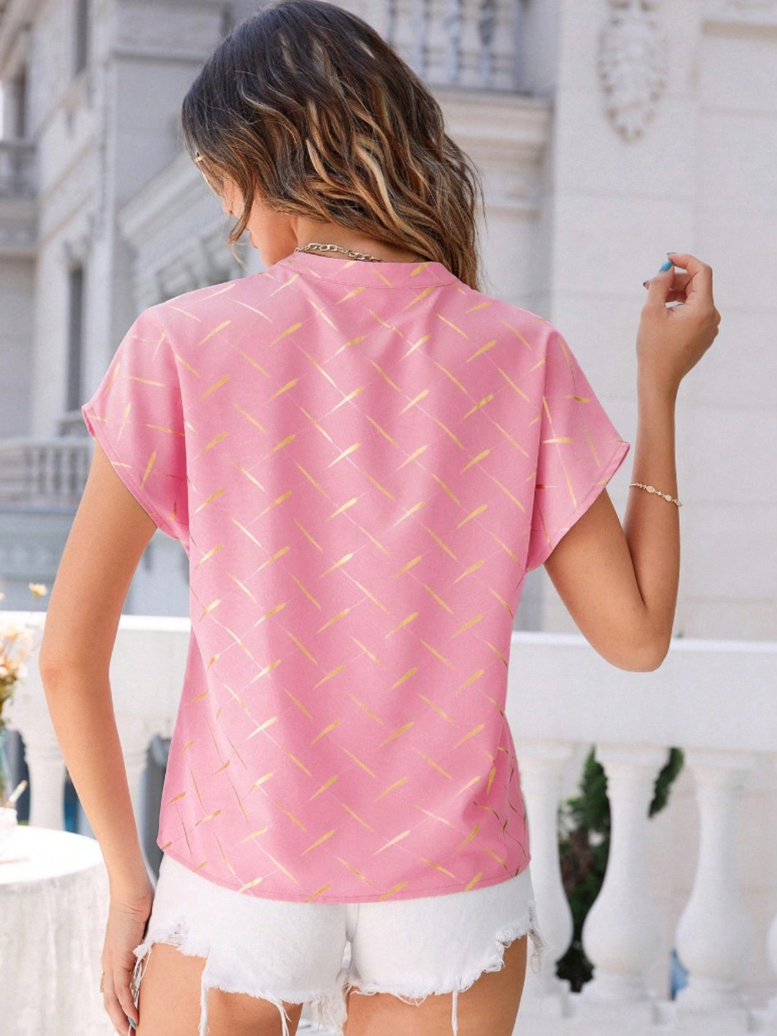 Printed Notched Short Sleeve Blouse in Size S, M, or L