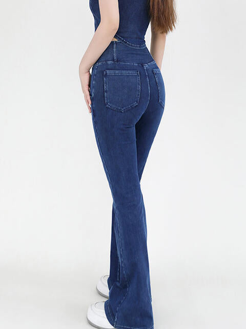 Wide Waistband Bootcut Stretch Jeans with Pockets in 4 Color Choices in Size S, M, L, XL, or 2X