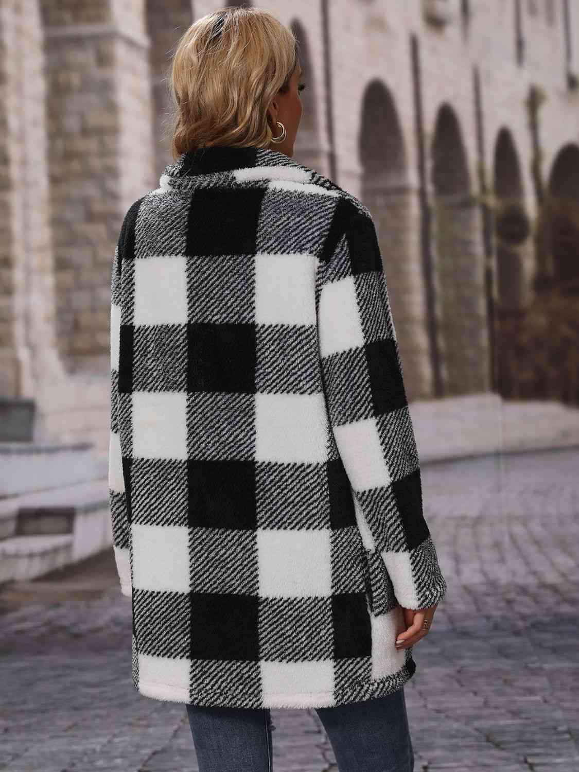 Black and White Plaid Collared Neck Coat with Pockets in Size S, M, L, or XL