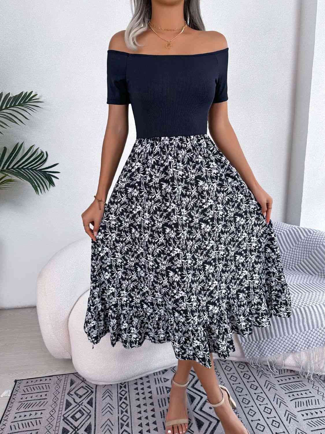 Printed Off-Shoulder Ruffle Hem Dress in Size S, M, L, or XL