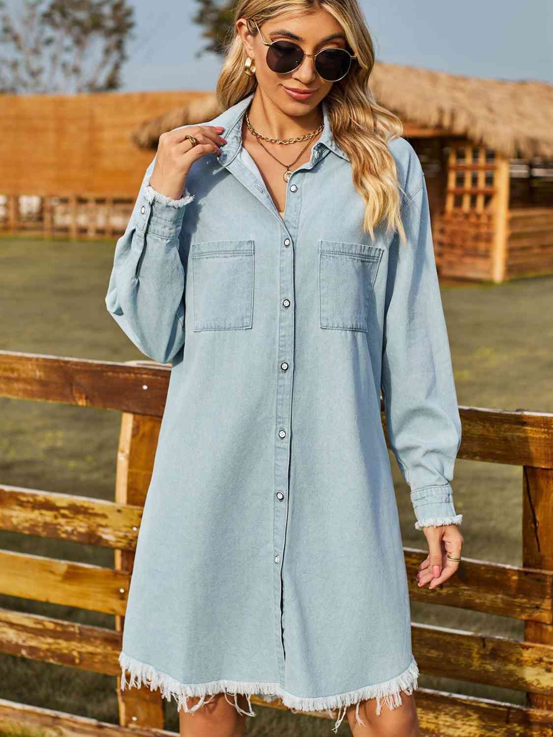 Button Up Collared Neck Raw Hem Denim Dress in 2 Color Choices in Size S, M, L, or XL