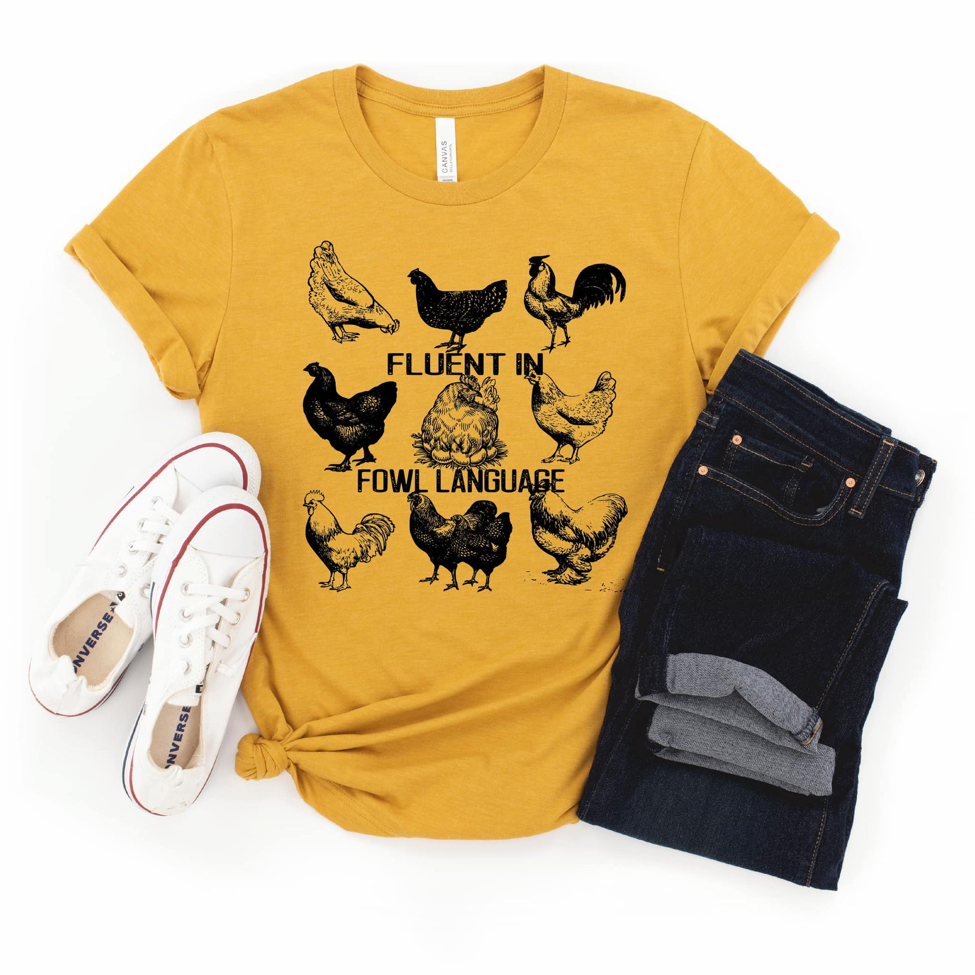 Fluent In Fowl Language Graphic Yellow Tee Shirt in Size S, M, L, XL, 2XL, or 3XL