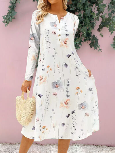 Floral Notched Long Sleeve Midi Dress in 4 Color Choices in Size S, M, L, or XL