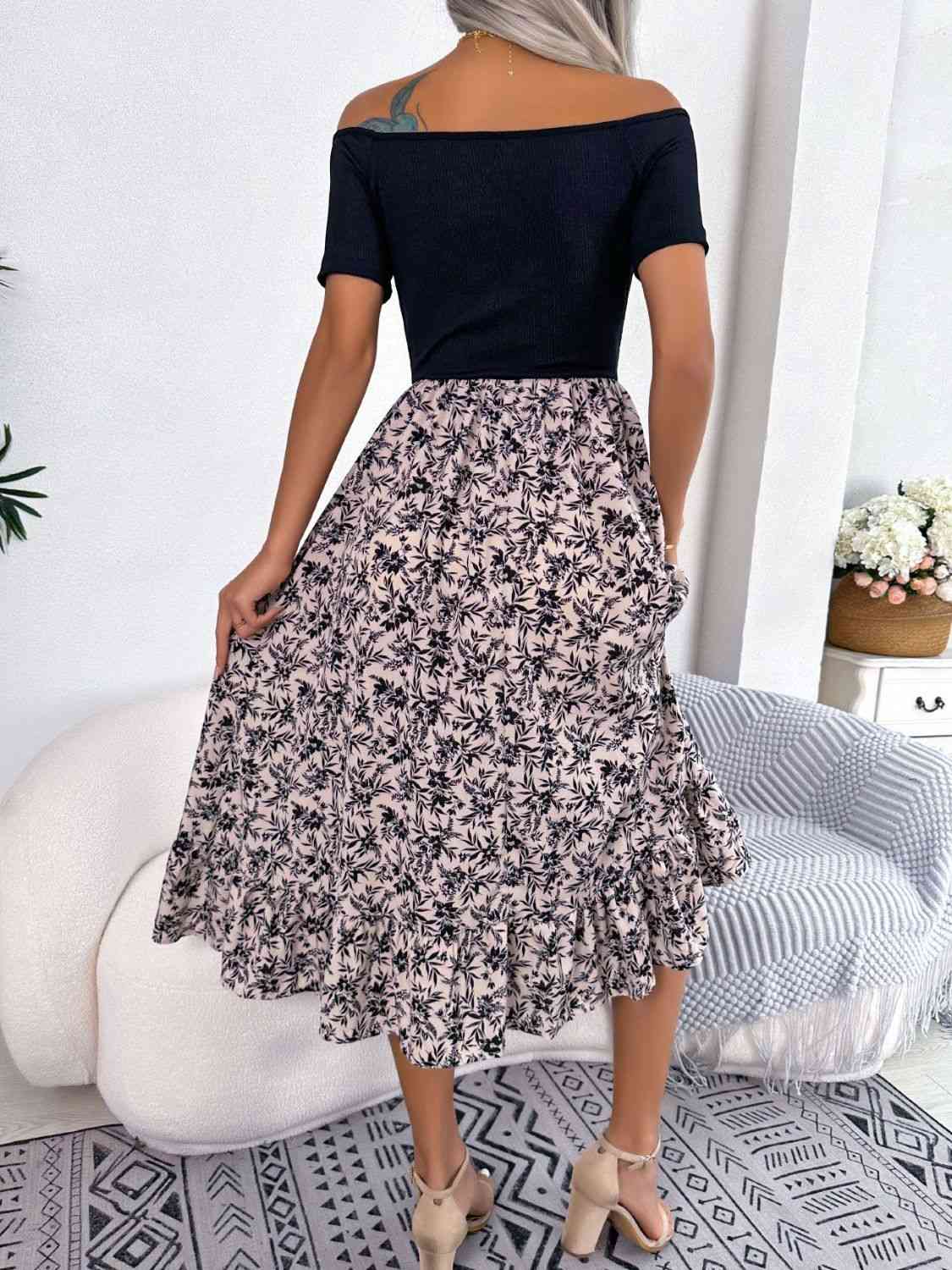 Printed Off-Shoulder Ruffle Hem Dress in Size S, M, L, or XL