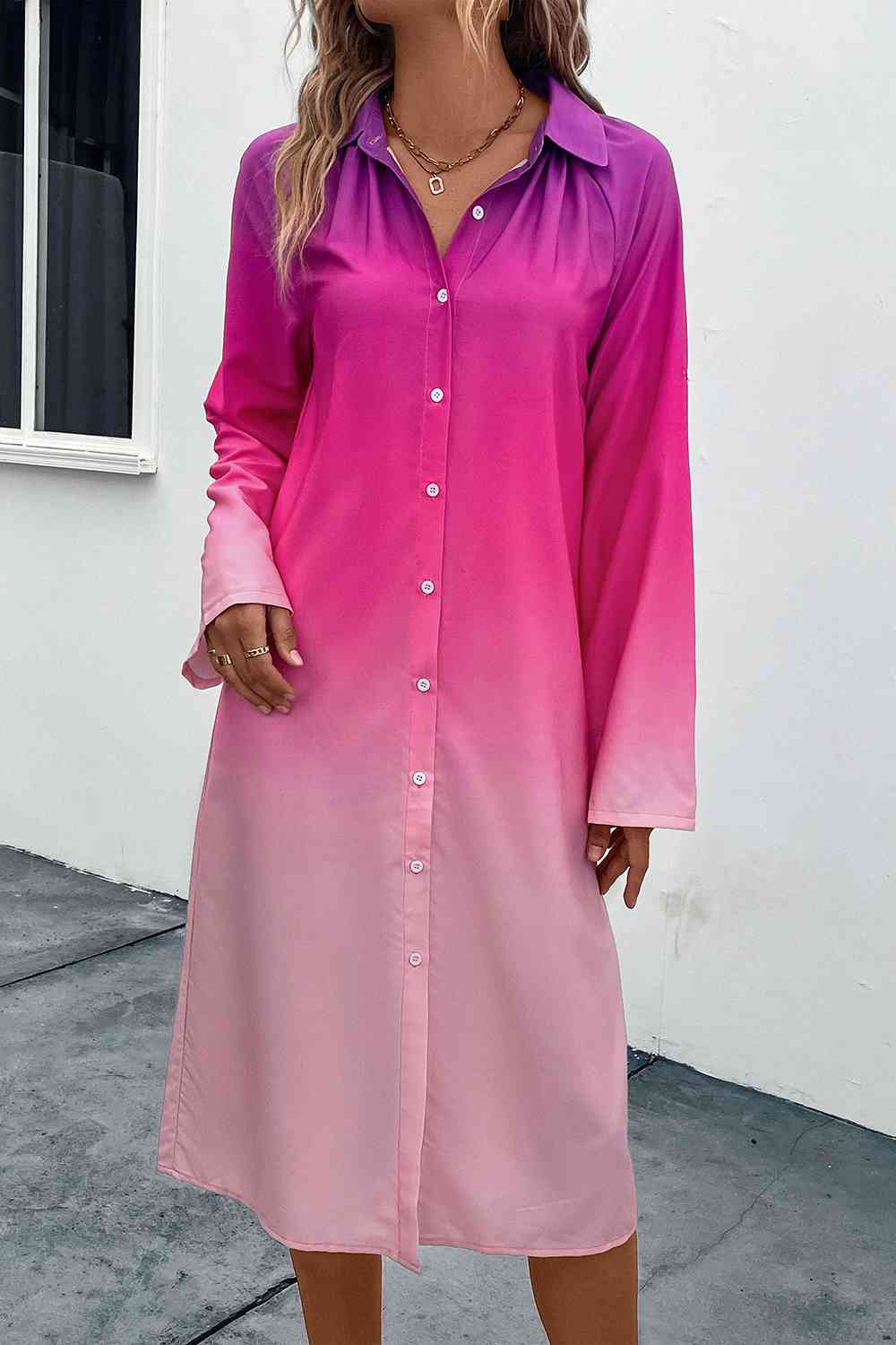 Gradient Long Sleeve Shirt Dress in Size S, M, L, or XL