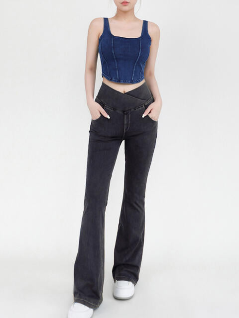 Wide Waistband Bootcut Stretch Jeans with Pockets in 4 Color Choices in Size S, M, L, XL, or 2X Charcoal