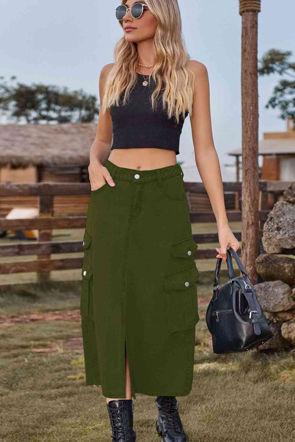 Slit Front Midi Denim Skirt with Pockets in 4 Color Choices in Size S, M, L, XL, or 2X