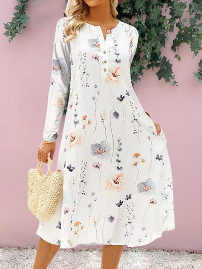 Floral Notched Long Sleeve Midi Dress in 4 Color Choices in Size S, M, L, or XL