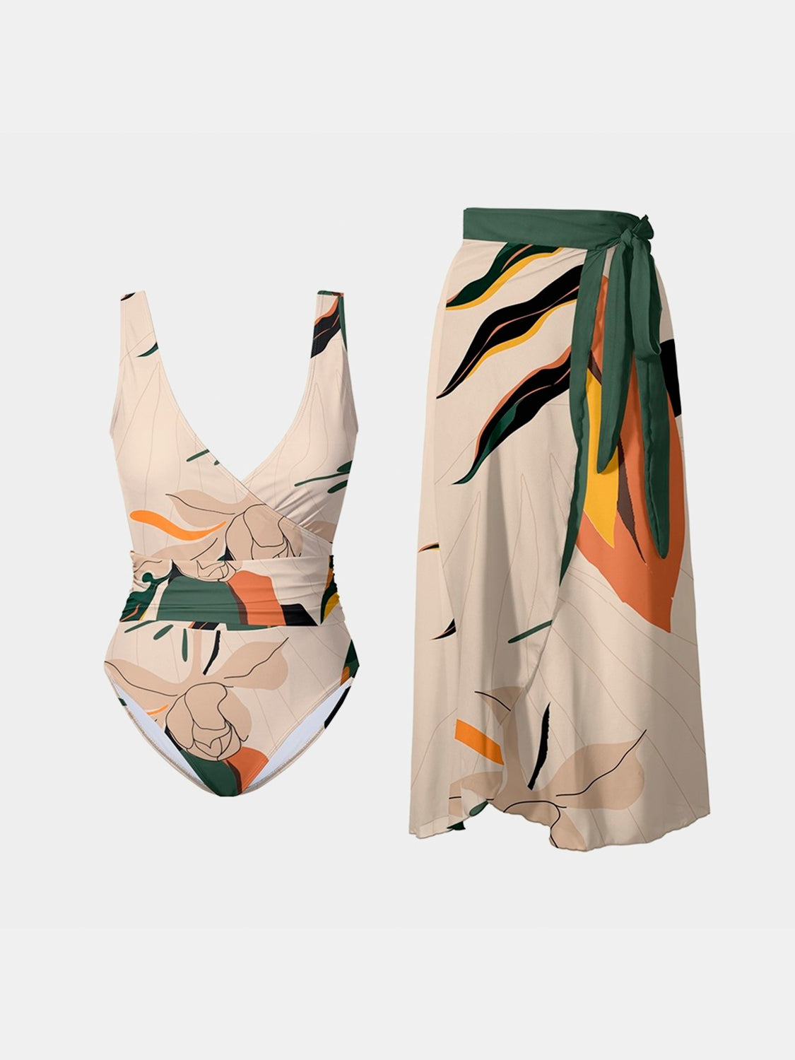 Printed Surplice Wide Strap Swimwear and Skirt Swim Set in Size S, , L, XL, 1XL, or 2XL Sand