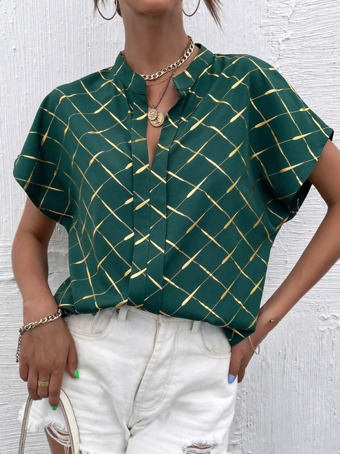 Printed Notched Short Sleeve Blouse in Size S, M, or L Green