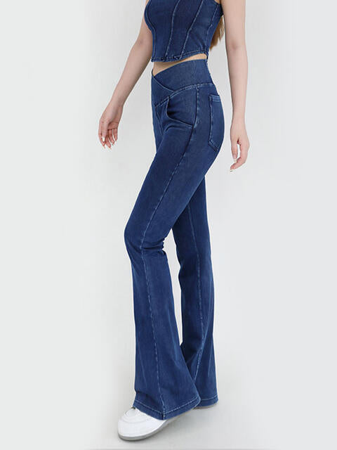 Wide Waistband Bootcut Stretch Jeans with Pockets in 4 Color Choices in Size S, M, L, XL, or 2X