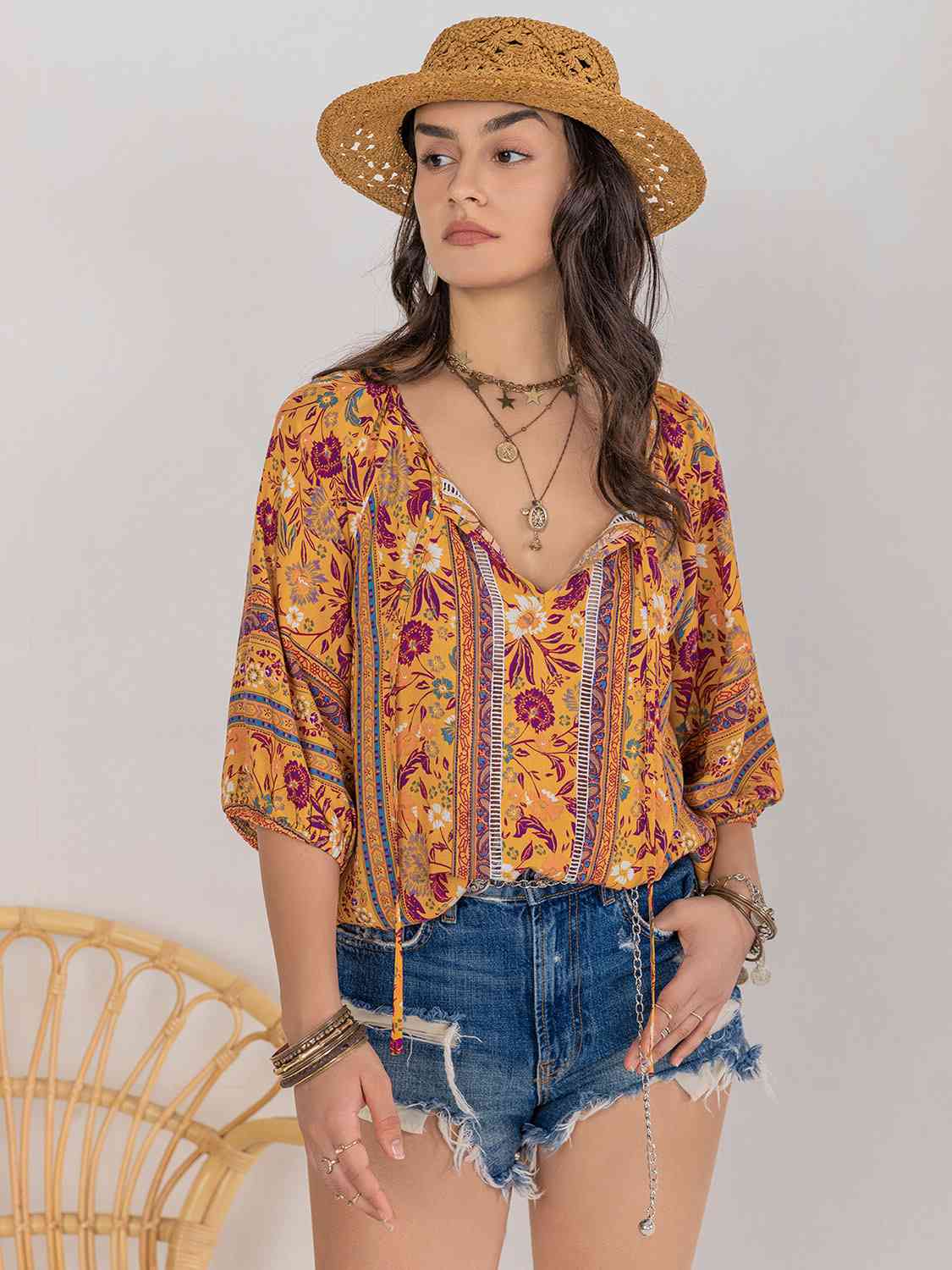 Printed Tie Neck Blouse in Size S, M, L, or XL