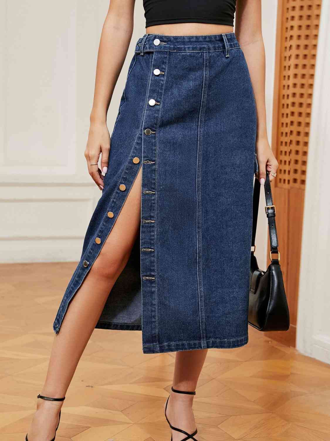 Button Down Denim Skirt in Size S, M, L, XL, or 2X